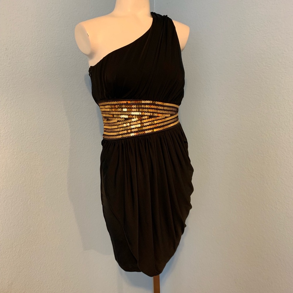 Bebe 1 Shoulder Sequin waist Trim black dress XS